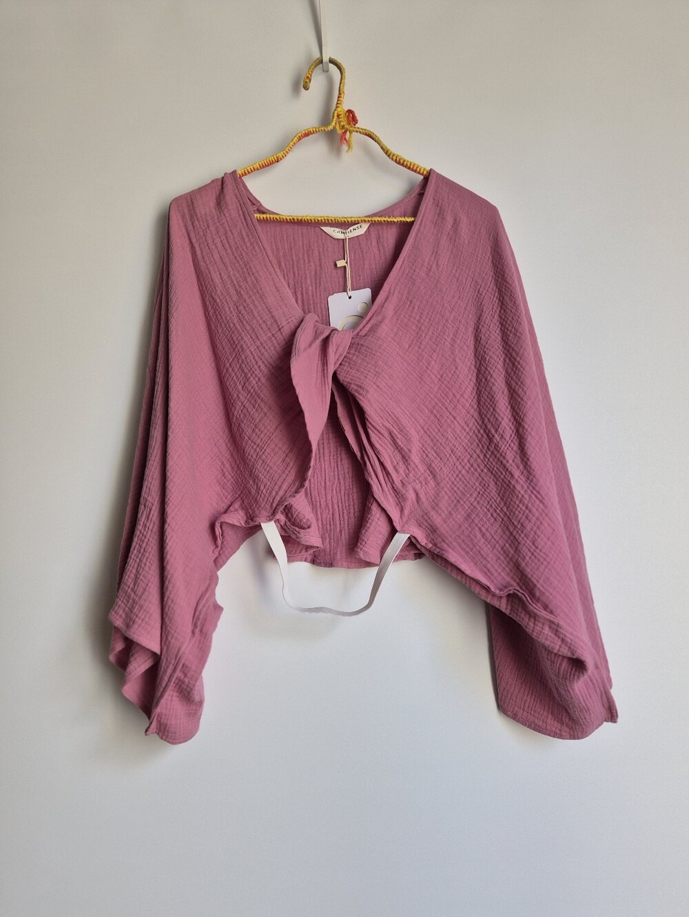 COMMENSE Mauve Cotton Gauze Twist Front Crop Blouse Size Large Boho Fairy Flowy